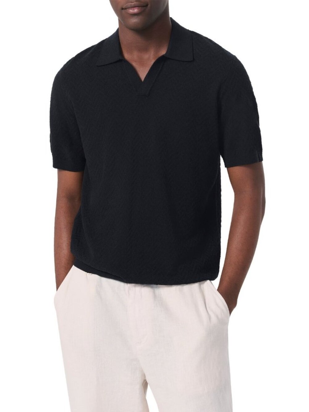 rag & bone Zuma Men's Johnny Collar Herringbone Knit Polo Shirt Black Size XXL
